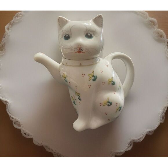 Off-White Other - Vintage ✨Kitty Lucky Cat Porcelain White Floral Hand Painted Creamer/Tea Pot